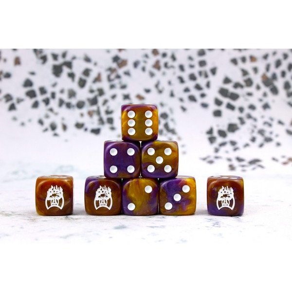 Conquest - Old Dominion Faction Dice on Purple and Gold Dice
